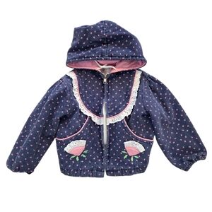 Tiny Tots Vintage 1990s Navy Polka Dot Hooded Jacket with Pink Accents